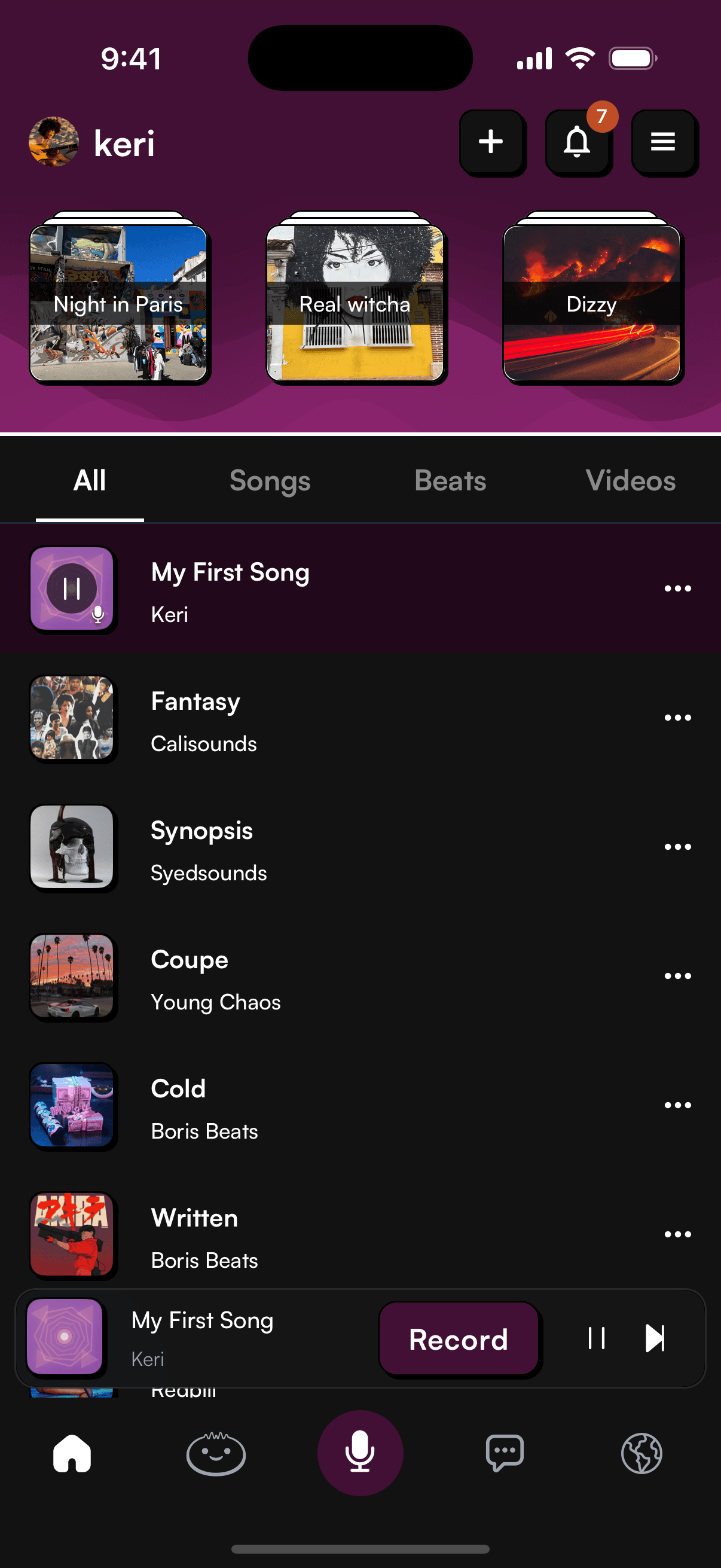 Plug Music home feed with tracks and playlists